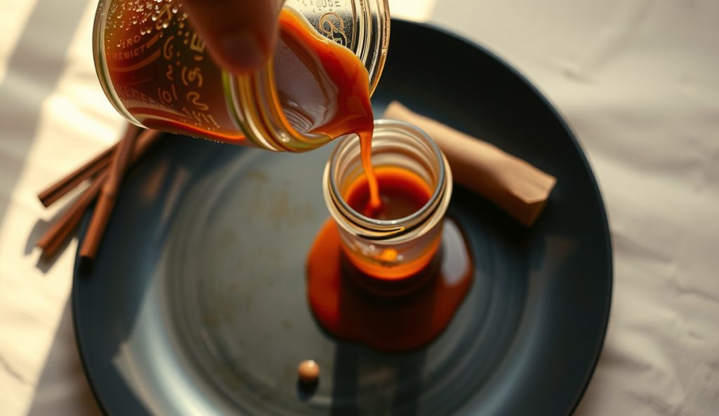 Thick gluten-free tamari BBQ sauce pouring from a mason jar onto a dark stoneware plate, showing deep molasses-red nappe consistency with smoked paprika flecks, mortar and whole spices alongside on linen.