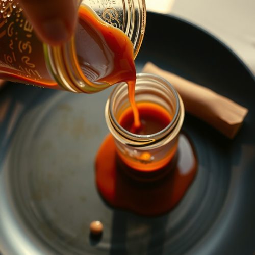 Thick gluten-free tamari BBQ sauce pouring from a mason jar onto a dark stoneware plate, showing deep molasses-red nappe consistency with smoked paprika flecks, mortar and whole spices alongside on linen.