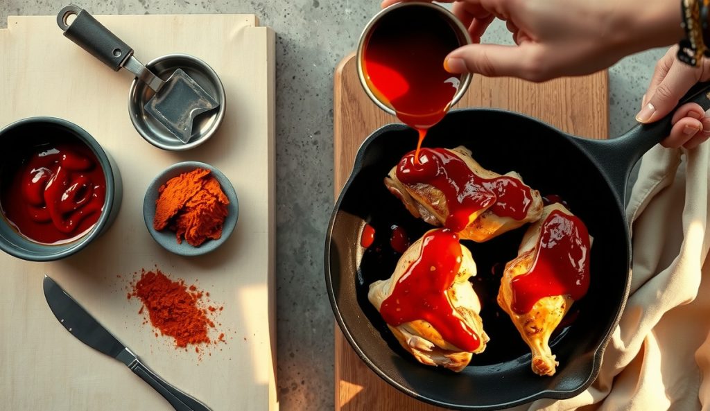 Hot and smoky gluten-free chipotle BBQ sauce drizzled over charred chicken thighs in a cast iron skillet, with canned chipotle in adobo and chipotle powder staged alongside, deep rust-brown sauce glistening with heat.