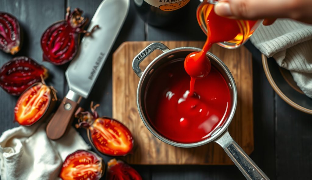 Nightshade-free gluten-free BBQ sauce made with roasted beet puree, showing the deep jewel-purple color as it pours into a glass jar, with roasted beet halves and tamari visible on a dark wood surface — no tomatoes in sight.