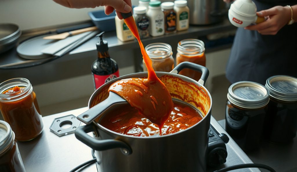 Large-scale production batch of gluten-free tamari BBQ sauce reducing in a wide rondeau pot, steam rising, multiple filled mason jars staged nearby on a stainless worktable, capturing the scaling-up process.