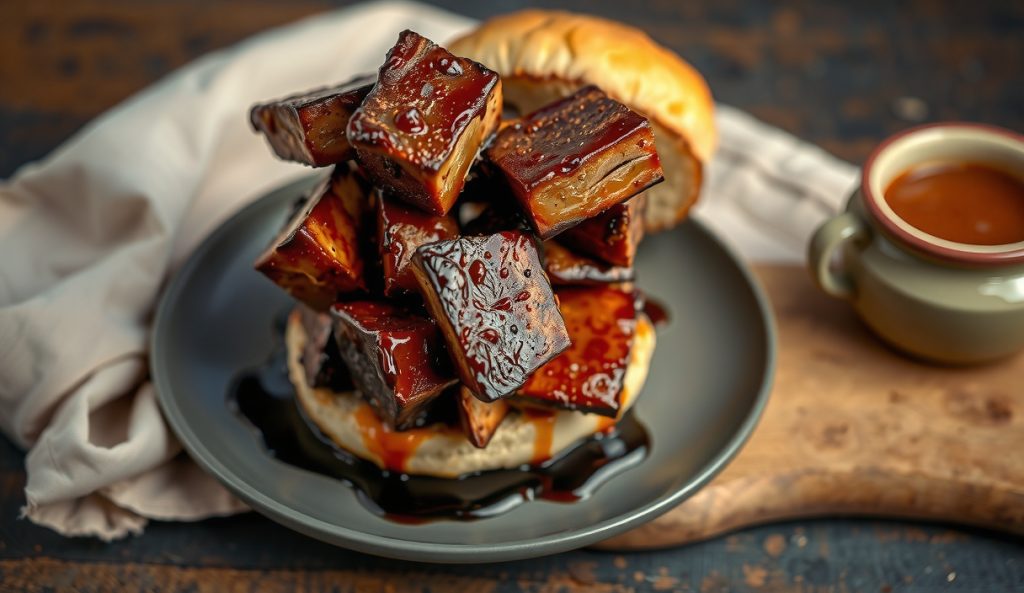 Gluten-free burnt ends sandwich piled high on GF brioche, point-only brisket cubes with candy-lacquered bark coverage on every side, glossy GF BBQ sauce dripping, on dark stoneware — maximum bark, maximum gelatin build.
