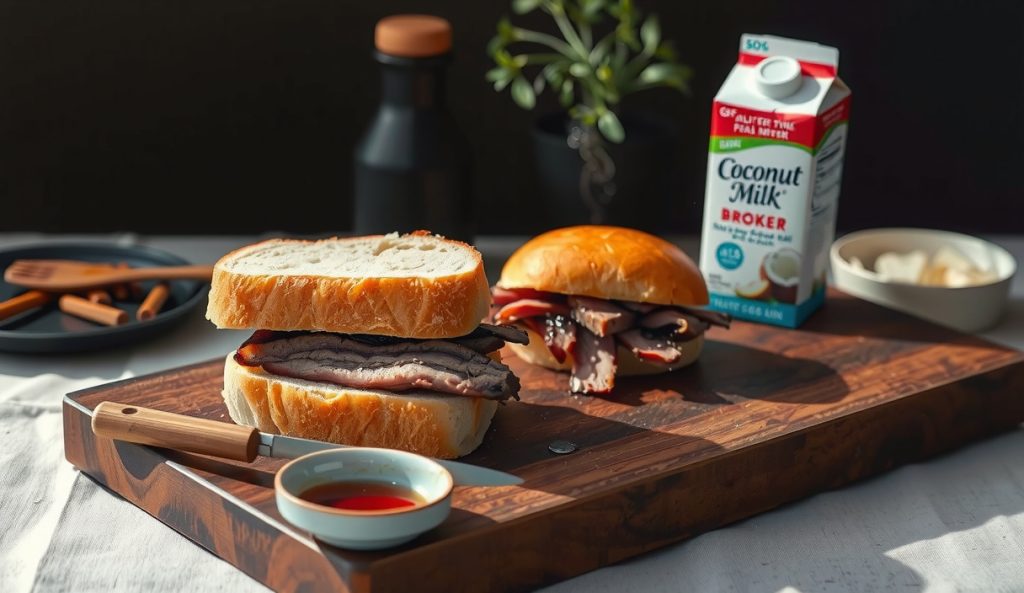 Dairy-free gluten-free smoked brisket sandwich on GF brioche brushed with coconut milk instead of egg wash, with a coconut oil bowl and coconut milk carton staged alongside on weathered butcher block — zero dairy, full brisket richness.