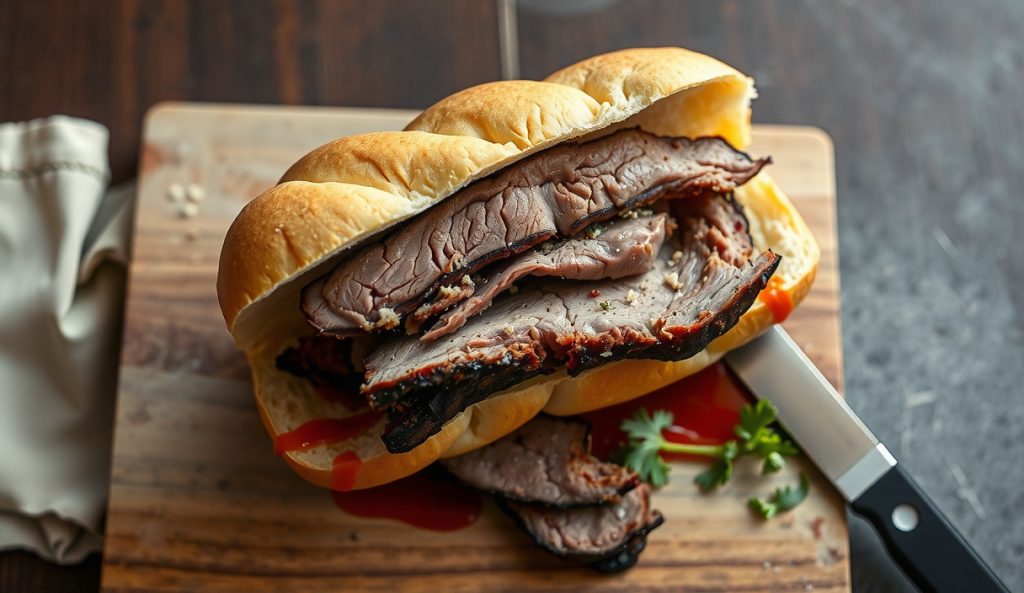 Gluten-free smoked brisket sandwich on a rice-flour brioche bun, cross-section showing dark bark, visible smoke ring, and glossy rendered fat, with juice pooling on a weathered butcher block.