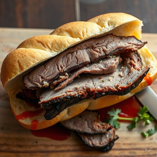 Gluten-free smoked brisket sandwich on a rice-flour brioche bun, cross-section showing dark bark, visible smoke ring, and glossy rendered fat, with juice pooling on a weathered butcher block.