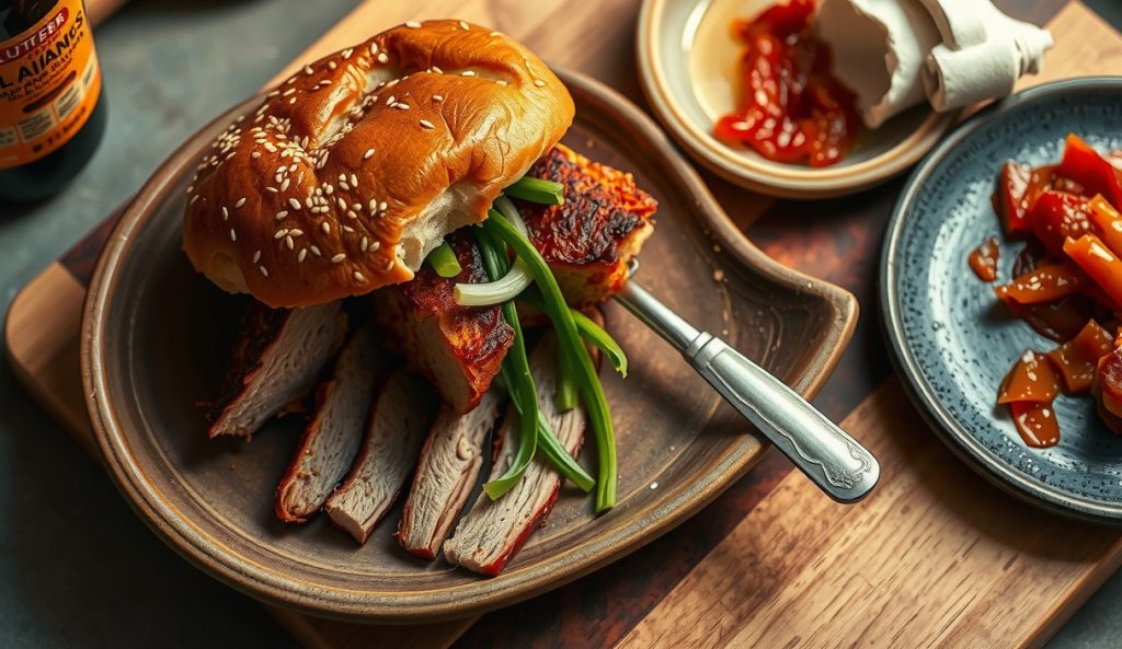 Korean-inflected gluten-free smoked brisket sandwich on GF brioche, featuring dark gochugaru-sesame bark, toasted sesame seeds, scallion ribbons, and a side of kimchi on dark stoneware — a ssam-inspired brisket build.