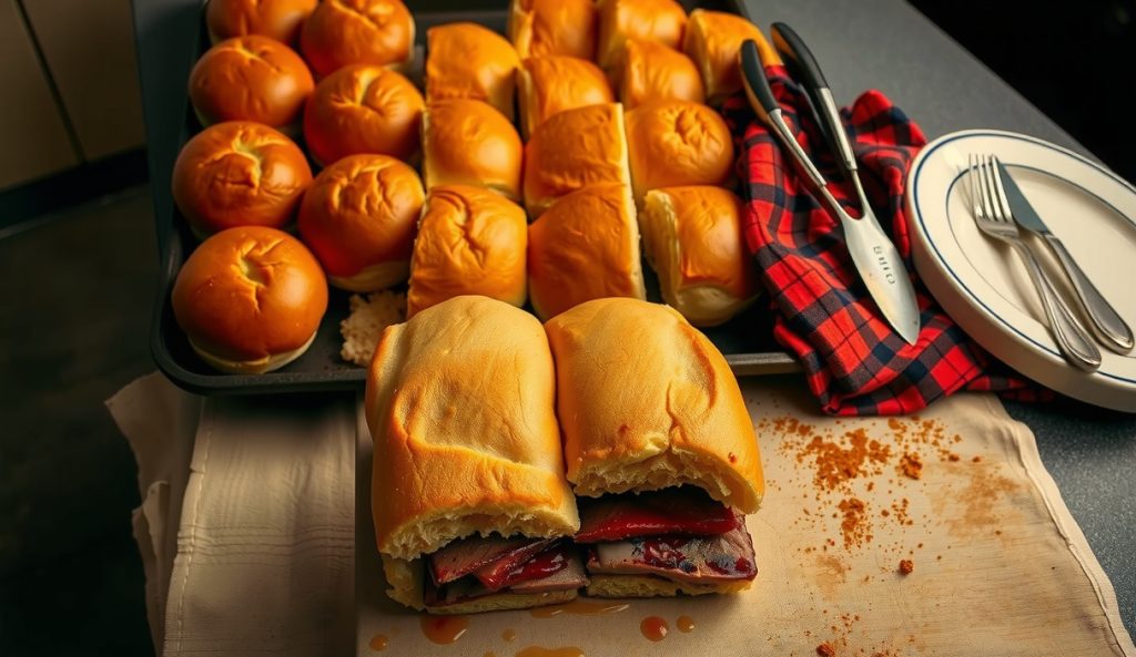Crowd-scale gluten-free smoked brisket sandwich setup showing two whole packer briskets resting on a large butcher block, sliced meat fanned out, and a sheet pan of GF brioche buns staged in the background.