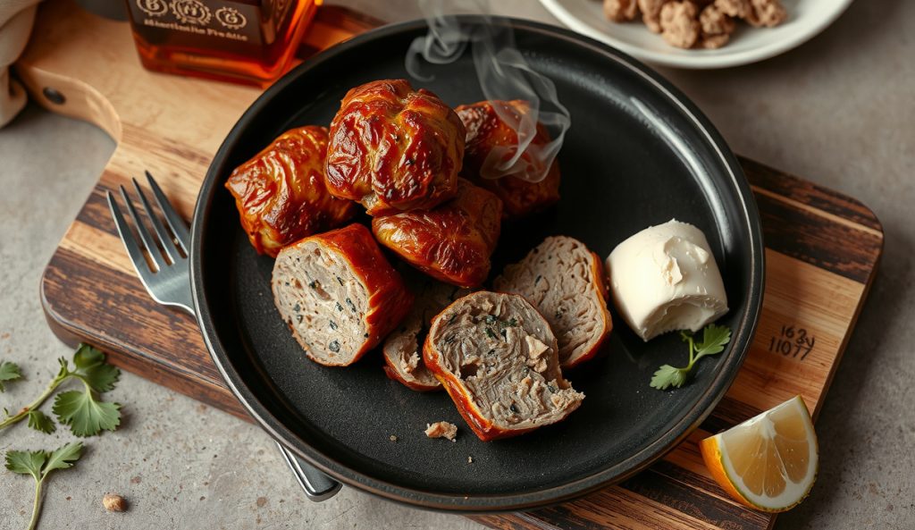 Gluten-free dairy-free smoked meatballs on dark stoneware, golden-brown crust with herb speckling, accompanied by a ramekin of nutritional yeast and white miso paste in place of parmesan, steam rising from a sliced-open meatball.