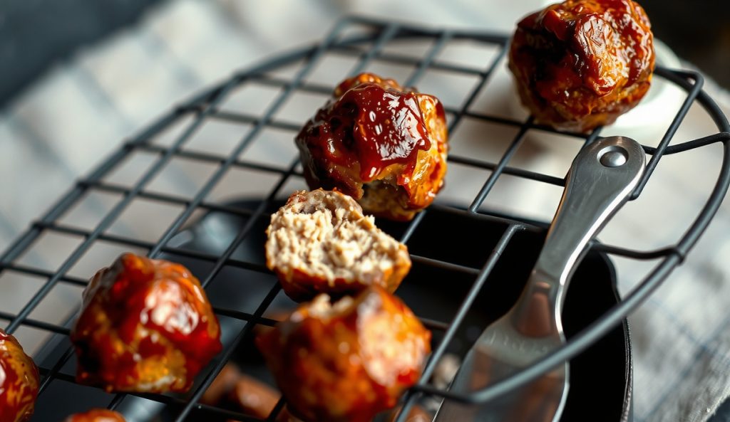 Gluten-free smoked meatballs on a blackened wire rack, showing deep mahogany bark crust with one broken open revealing moist interior, apple wood smoke drifting across the frame.