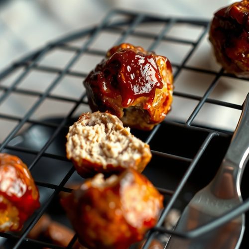 Gluten-free smoked meatballs on a blackened wire rack, showing deep mahogany bark crust with one broken open revealing moist interior, apple wood smoke drifting across the frame.