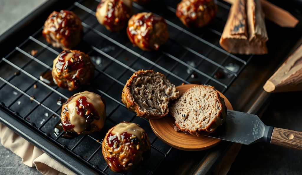 Gluten-free smoked meatballs on a blackened wire rack with deep mahogany hickory-cherry bark, one meatball sliced open revealing a vivid pink smoke ring, wood chunks resting nearby and smoke drifting through the frame.