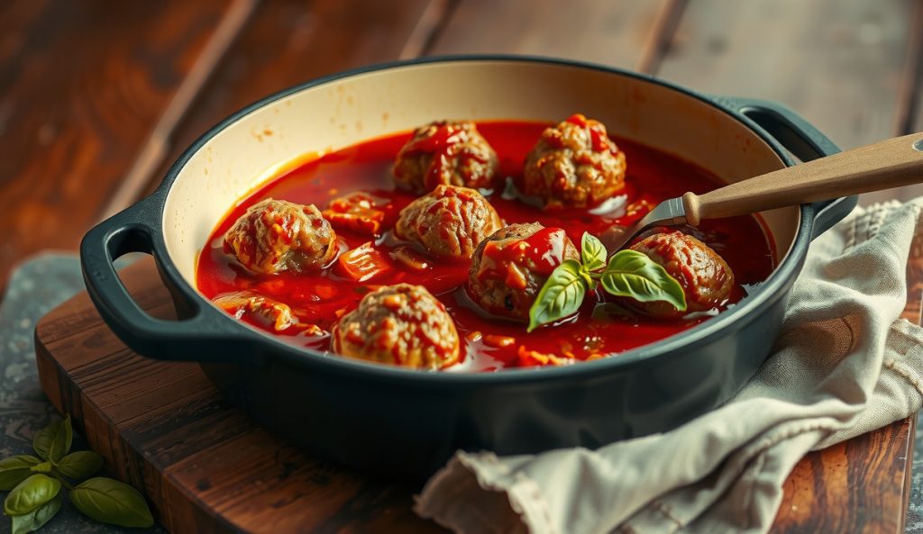 Gluten-free smoked meatballs with a sauce-braised finish, half-submerged in glossy crimson tomato sauce inside a dark enameled Dutch oven, steam rising, softened bark visible through the rich braise.