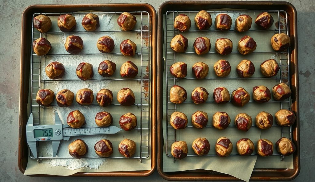 Large-batch gluten-free smoked meatballs across two full sheet pans, all uniformly 1.75-inch diameter with deep bark, a measuring tool showing diameter consistency beside one meatball.