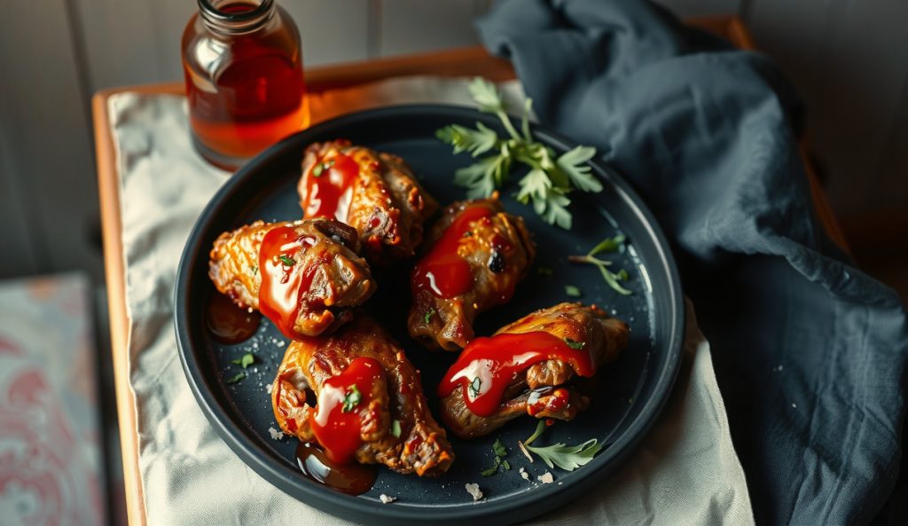 Dairy-free whole-food gluten-free smoked wings with smoked chili oil drizzled over intact crust instead of butter, dark stoneware plate, no dairy props present.
