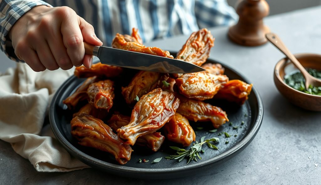 Crispy gluten-free smoked chicken wings on dark stoneware, tapioca-starch crust showing glass-like fracture lines and amber sheen, one wing pulled apart by working hands revealing smoke ring beneath skin.