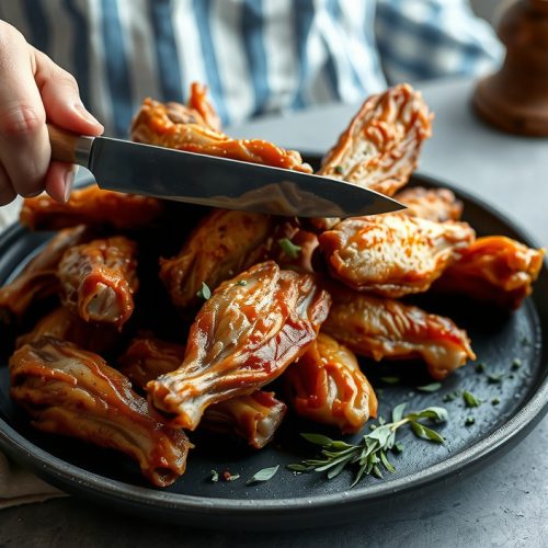 Crispy gluten-free smoked chicken wings on dark stoneware, tapioca-starch crust showing glass-like fracture lines and amber sheen, one wing pulled apart by working hands revealing smoke ring beneath skin.