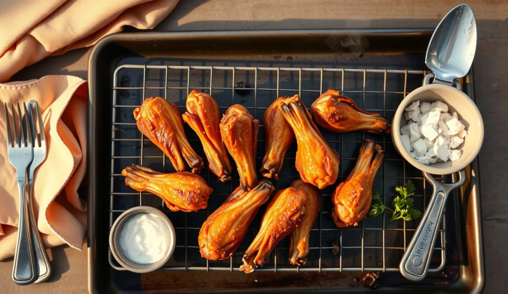 Keto and low-carb gluten-free smoked wings on a wire rack showing the thinner lighter cornstarch-only crust, with a ramekin of cornstarch visible beside the pan.