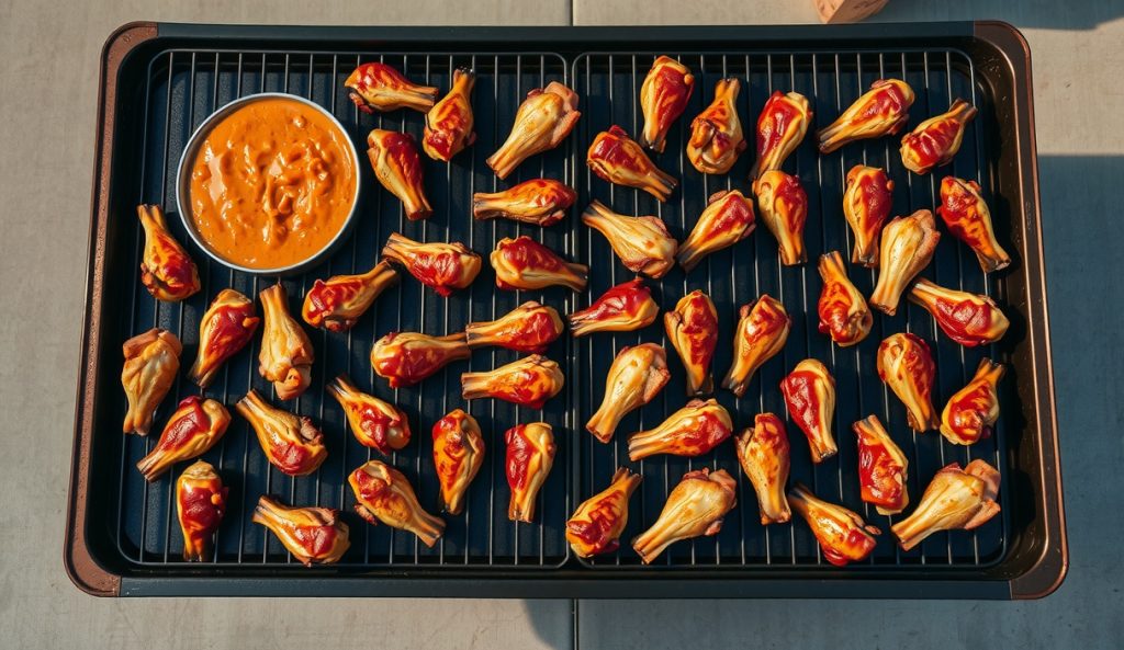 Party-size batch of gluten-free smoked wings packed across two smoker grates, forty-plus wings with golden starch-lattice crust, second sheet pan staged for finish batching.