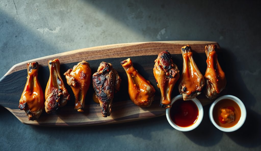 Sauce compatibility guide for gluten-free smoked wings showing multiple wings in a row finished with different sauce methods, contrasting crust-intact drizzle versus tossed softening.
