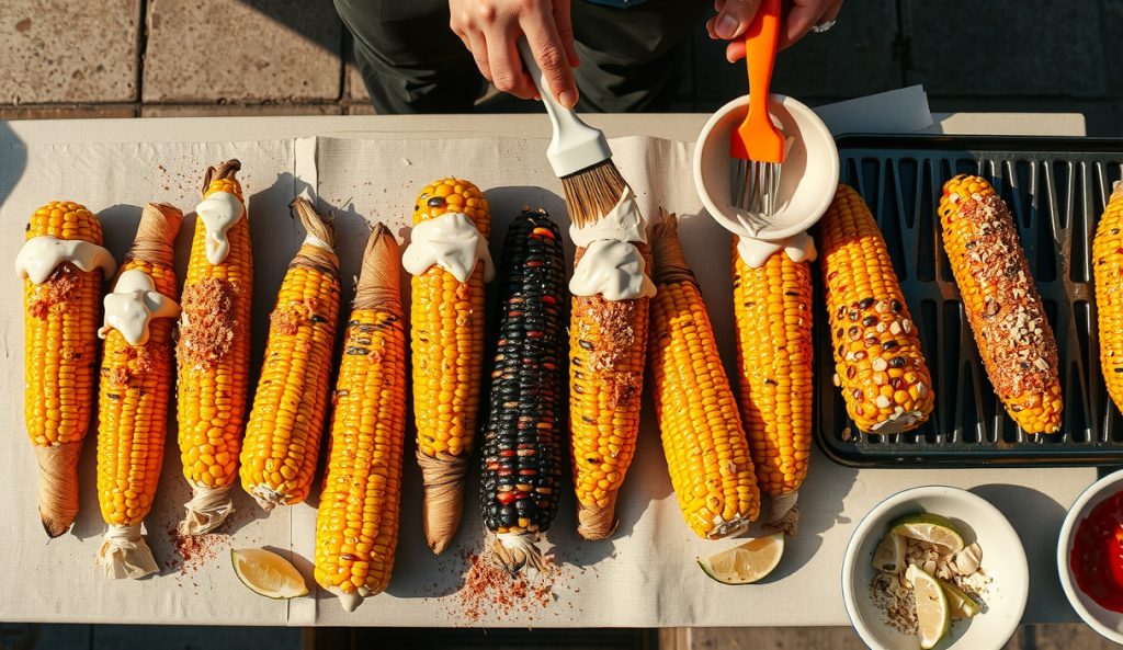 Twelve grilled elote ears at staggered prep stages on a long table: some fully coated in crema and cotija, some being brushed, others still on the grill — crowd-scale street corn service in progress.