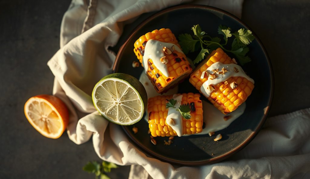 Dairy-free elote corn coated in aquafaba crema topped with toasted pepitas and nutritional yeast instead of cotija cheese, shown on dark stoneware from above.