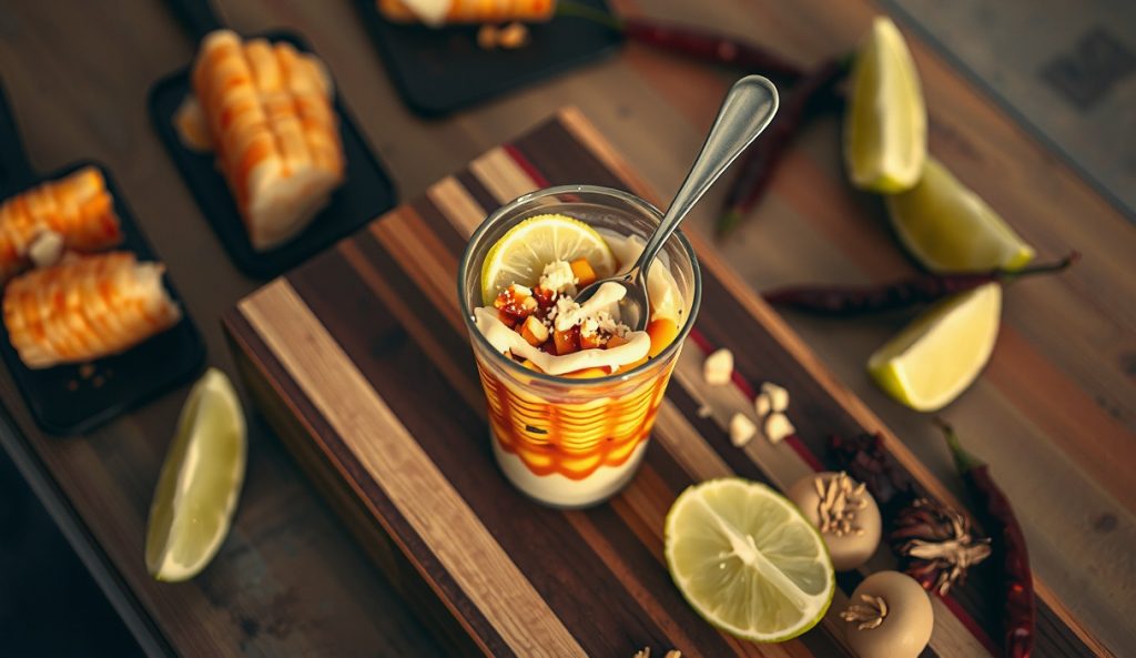 Elote en vaso — charred corn kernels served in a clear cup with layered crema, cotija, and chili powder, showing the cup-style format variant from above.