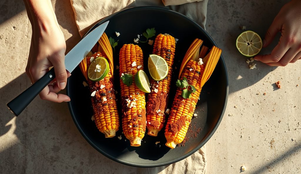 Three-quarter overhead of grilled elote on dark stoneware with charred kernels coated in crema and mayonnaise, crumbled cotija, ancho chili powder, and lime wedges on a concrete surface.
