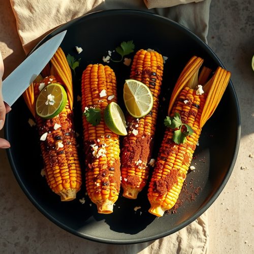 Three-quarter overhead of grilled elote on dark stoneware with charred kernels coated in crema and mayonnaise, crumbled cotija, ancho chili powder, and lime wedges on a concrete surface.