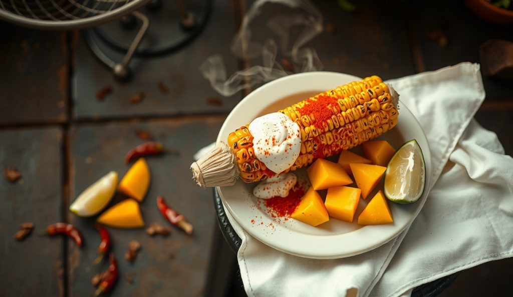 Grilled elote on the cob covered in Tajín seasoning with fresh mango chunks and lime wedges on a rustic clay surface, showing the coastal Mexican Tajín and mango variant.
