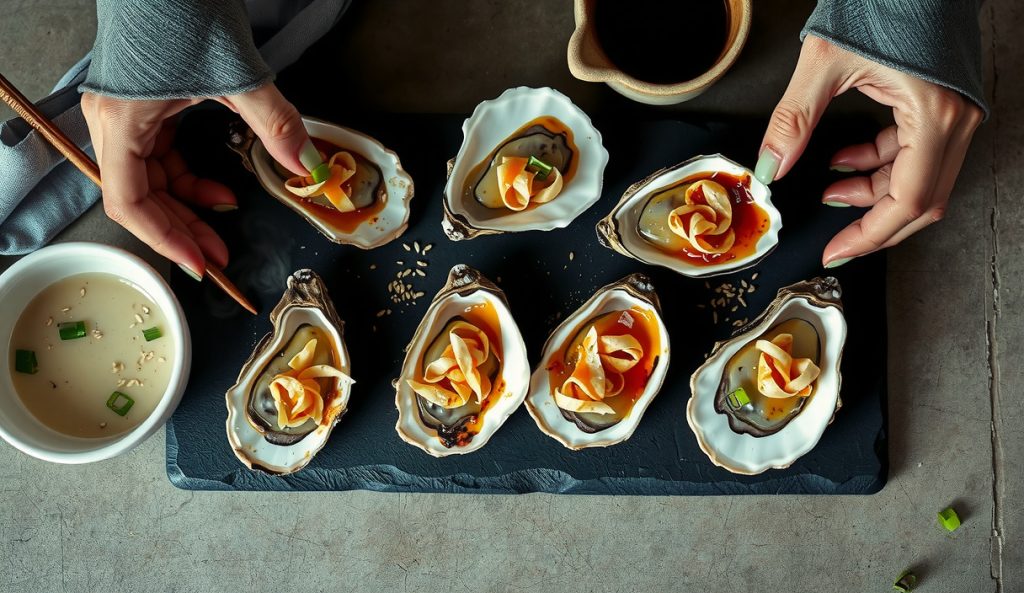 Grilled oysters on the half-shell filled with a white miso and ginger compound butter, topped with scallion curls and sesame seeds, plated on dark slate — the Asian umami riff variant.