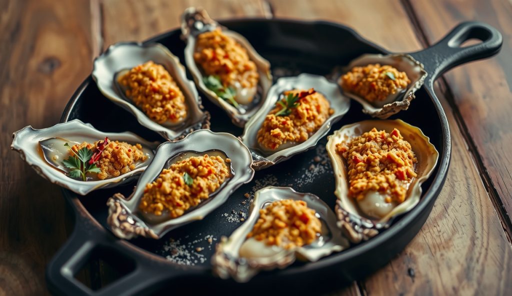 Grilled oysters topped with a toasted Cajun breadcrumb crust — smoked paprika and cayenne hue visible — bubbling garlic butter at the edges on a cast iron platter, the spicy breadcrumb finish variant.