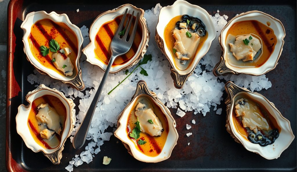Grilled oysters on the half shell arranged in rock salt on a charred sheet pan, garlic-parsley compound butter bubbling and Maillard-browned in each shell, steam rising, oyster meat edges caramelized, parsley flecks crisped on top.