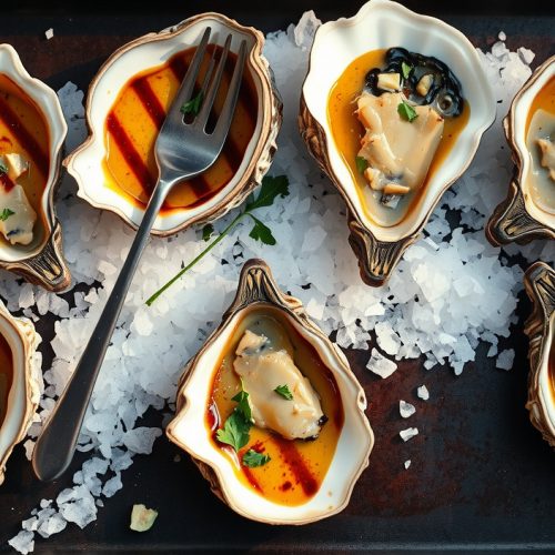 Grilled oysters on the half shell arranged in rock salt on a charred sheet pan, garlic-parsley compound butter bubbling and Maillard-browned in each shell, steam rising, oyster meat edges caramelized, parsley flecks crisped on top.