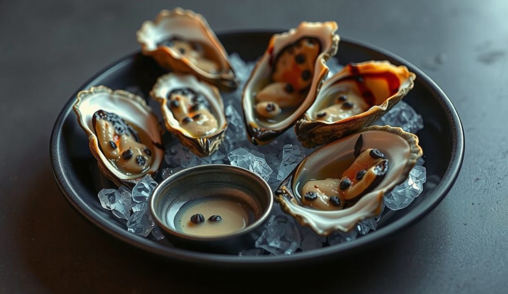 Grilled oysters filled with melted mignonette compound butter — champagne vinegar, cracked black pepper, and minced shallot visible — plated on dark stoneware, the classic raw-bar riff variant.
