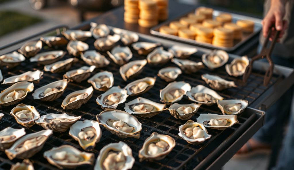 Three dozen oysters on the half-shell packed across a full grill grate, each bubbling with garlic-parsley butter, with a batch tray of compound butter coins staged nearby for crowd-scale service.
