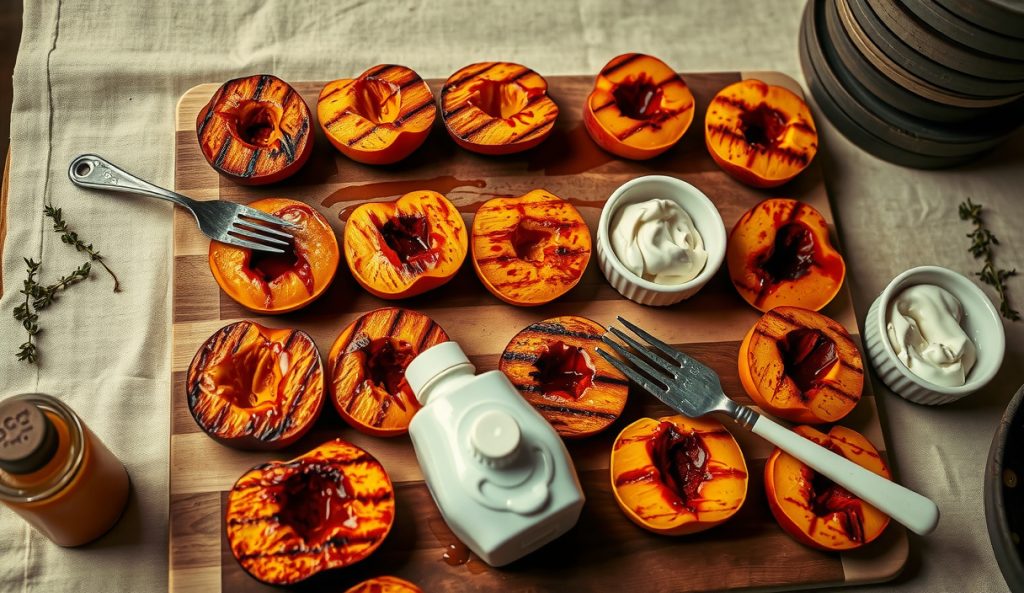 Crowd-scaled grilled peaches plated in rows on a butcher block, with a squeeze bottle of honey-yogurt drizzled over two dozen caramelized halves and thyme ready for batch service.