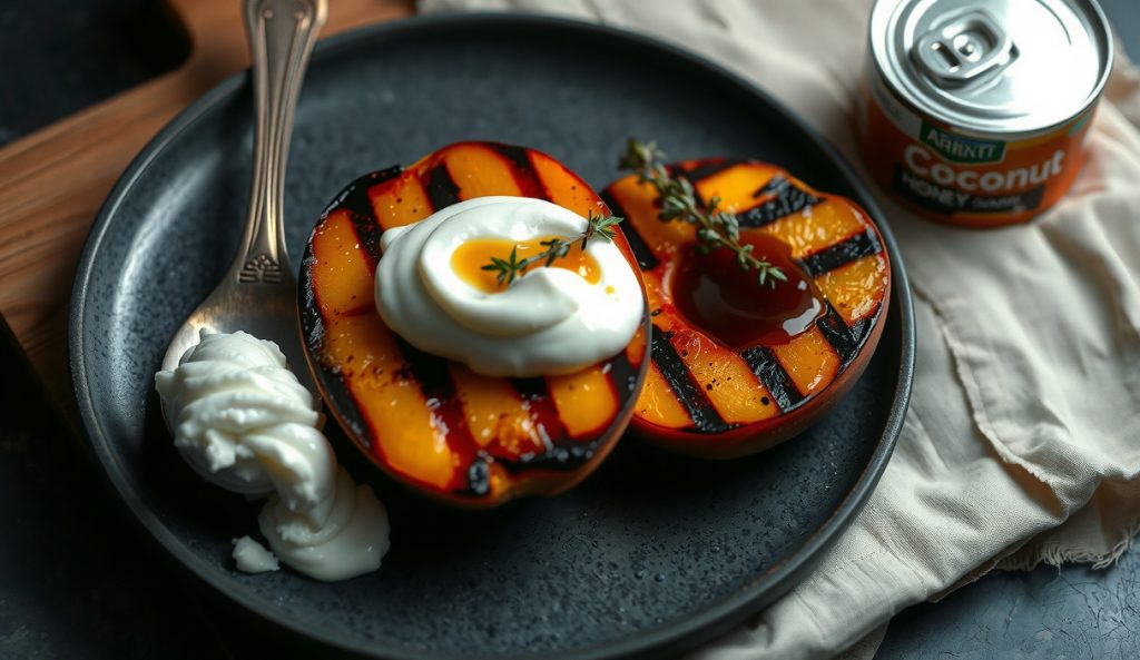 Dairy-free grilled peaches served with whipped coconut cream instead of Greek yogurt, topped with honey drizzle and thyme on a dark stoneware plate.