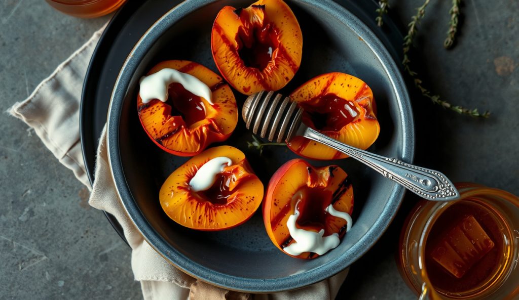Grilled peach halves on a dark stoneware plate with deep caramel char marks, juices pooling in the cavities, thick honey-yogurt spooned over, fresh thyme sprigs scattered throughout, and a honeycomb wedge alongside.