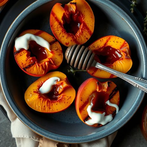 Grilled peach halves on a dark stoneware plate with deep caramel char marks, juices pooling in the cavities, thick honey-yogurt spooned over, fresh thyme sprigs scattered throughout, and a honeycomb wedge alongside.