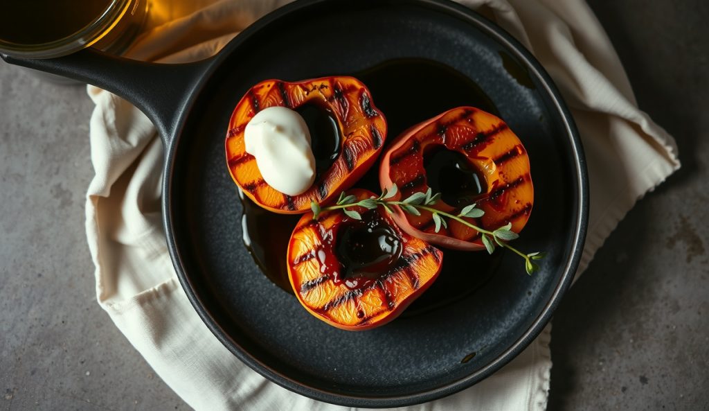 Grilled peach halves on dark stoneware with aged balsamic reduction pooling in the cavity and fresh tarragon draped across — the savory direction substitution swapping honey for balsamic and thyme for tarragon.