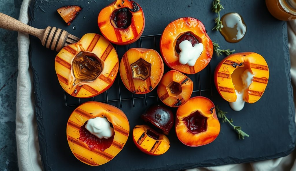 Stone fruit swap showing grilled nectarines, apricots, and plum halves side by side on a charred rack, each with distinct caramelization and honey-yogurt pooled in their cavities.
