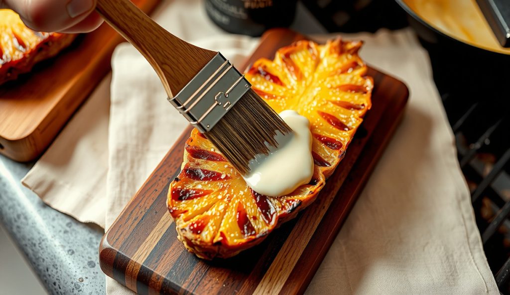 Freshly pulled grilled pineapple spears being brushed with dark rum and coconut cream finish, showing the aromatic steam rising as the glaze hits the hot caramelized Tajín-coated surface.