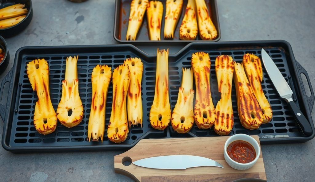 Wide grill grates loaded with multiple pineapple spears for crowd-scale service, with a warming tray of eight finished Tajín-coated caramelized spears held ready — showing the linear scaling and hold protocol.