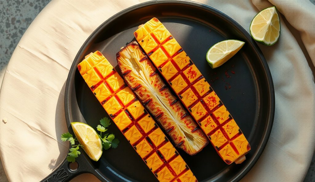 Four caramelized grilled pineapple spears on a dark stoneware plate with deep grill marks and a crackable caramel crust dusted in rust-orange Tajín, lime wedges and cilantro scattered alongside.