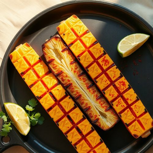 Four caramelized grilled pineapple spears on a dark stoneware plate with deep grill marks and a crackable caramel crust dusted in rust-orange Tajín, lime wedges and cilantro scattered alongside.
