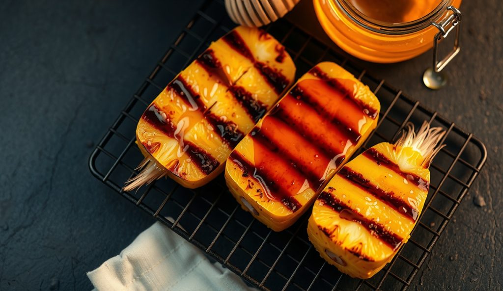 Honey-glazed Tajín grilled pineapple spears on a wire rack showing the deep amber lacquer from wildflower honey applied 90 seconds before pulling, with the honey jar and drizzle visible alongside.