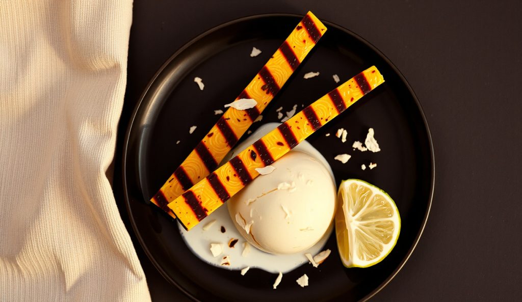Vegan dessert plate with two Tajín grilled pineapple spears over coconut sorbet, toasted coconut flakes, and a lime wedge — showing the thermal contrast and plant-based dessert build.
