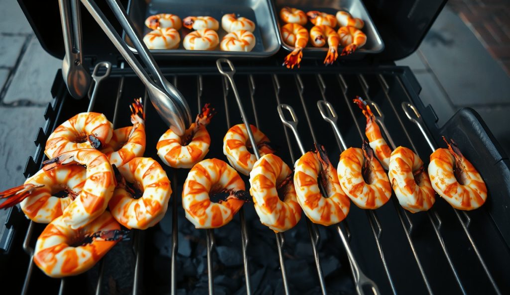 Eight loaded metal skewers of Cajun shrimp packed across a full grill grate with consistent char, a staging tray of raw skewers visible behind — the crowd-scaling variant.