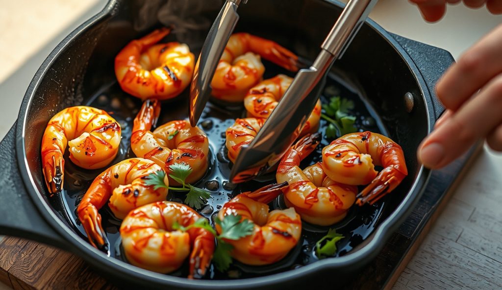 Cajun shrimp tumbling in a cast iron skillet with foaming vegan garlic butter coating the spiced crust — the dairy-free garlic butter finish variant, no dairy visible.