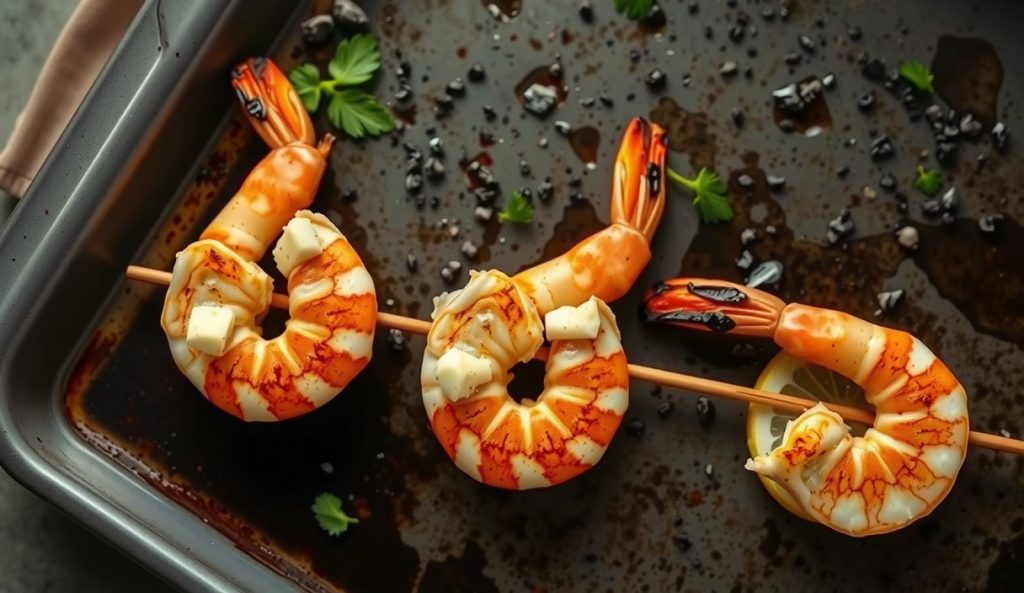 Cajun shrimp skewers on a charred sheet pan, jumbo shrimp with brick-red Maillard crust and caramelized spice rub, tails tightly curled, butter glistening, charred lemon halves alongside, fresh parsley scattered.